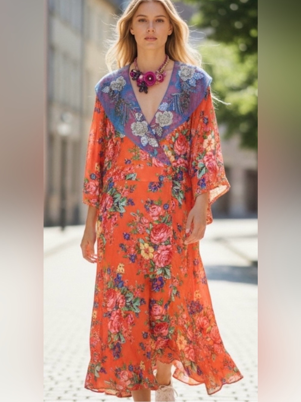 Aratta Silent Journey Thousand Kisses Embroidered Dress Kimono Sleeves Medium
